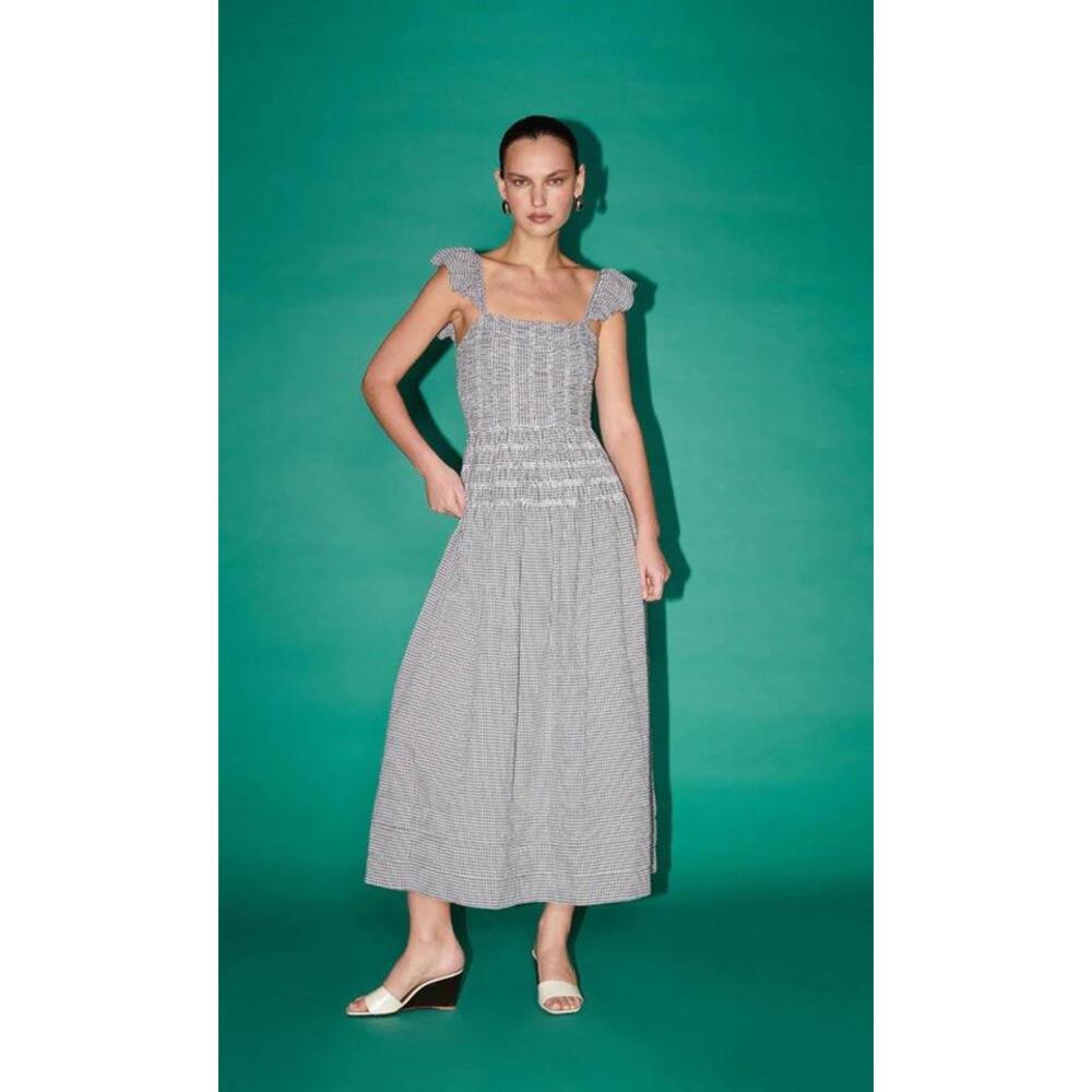 SAYLOR Charcoal Delicate Gingham 100% Cotton Square Neck Adalene Dress NWT Sz M